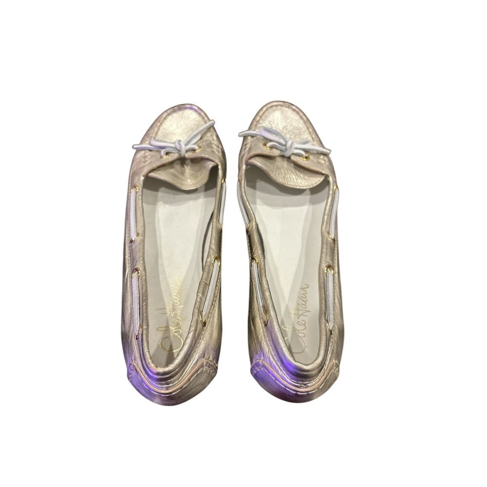 Cole Haan Tali Metallic Gold Boat Shoe Bow Leather Flats Women's Size 10 B - Picture 4 of 11
